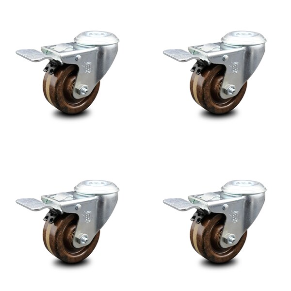 3 Inch High Temp Phenolic Swivel Bolt Hole Caster Set with Total Lock Brake SCC